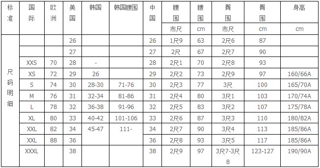 尺码对照表–男装男士衬衫裤子男鞋尺码换算表