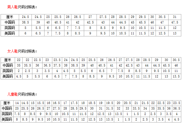 鞋码对照表,中国/美国/国际鞋码对照表